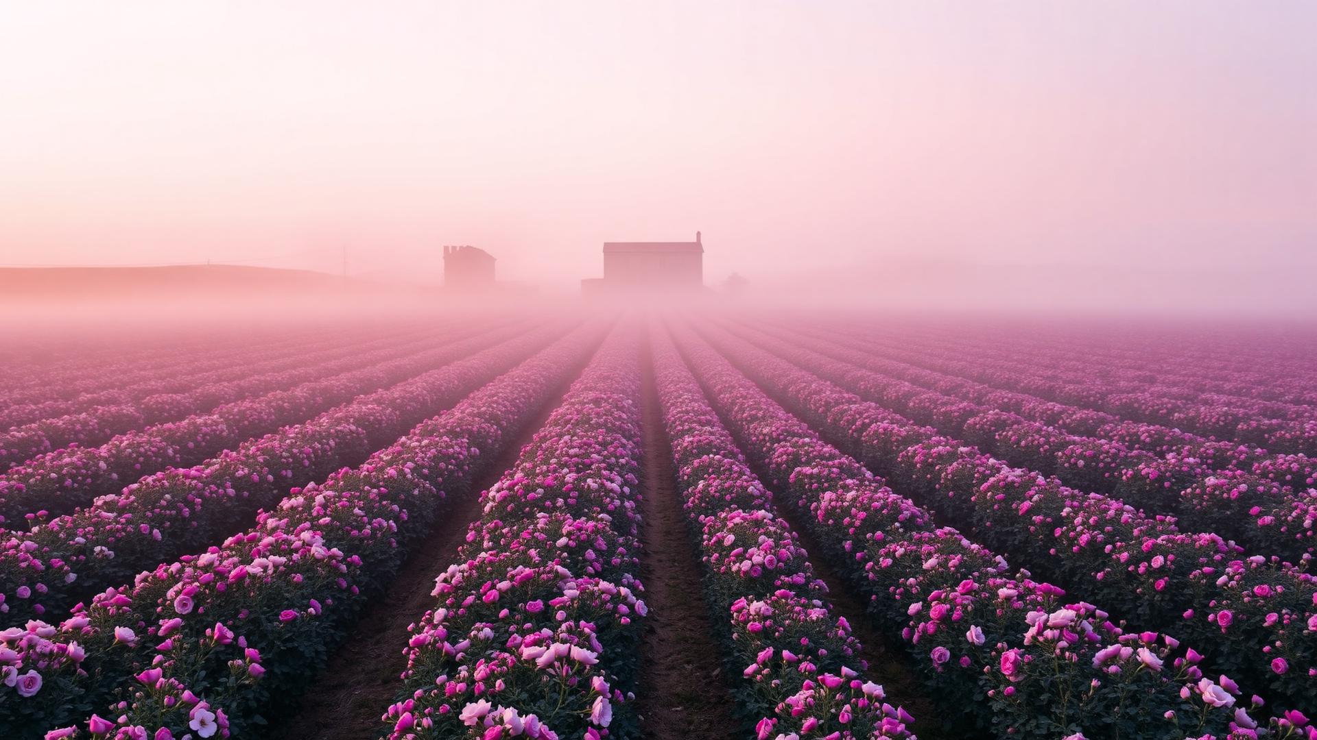 Damascena rose fields at dawn near Grasse